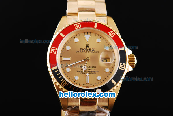 Rolex Submariner Oyster Perpetual Automatic Movement Full Gold with Red-Black Bezel and Khaki Dial - Click Image to Close